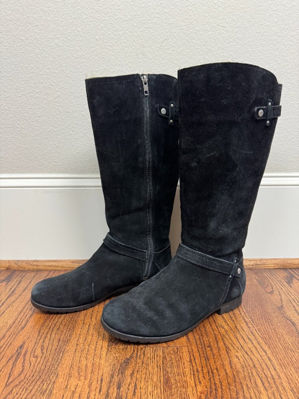 UGG Jillian Shearling Lined Black Suede Riding Winter Boots Women's 8.5 Side Zip